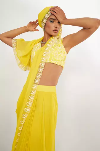 Olivia Lemon Pre Drape Saree With Embroidered