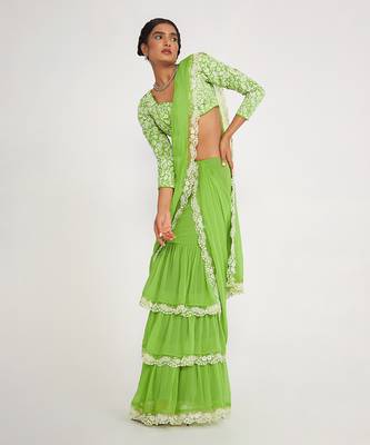 Flora Parrot Green Tiered Saree 1