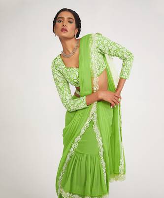 Flora Parrot Green Tiered Saree 2