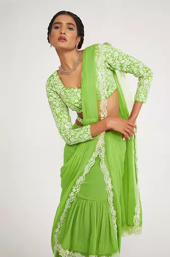 Flora Parrot Green Tiered Saree