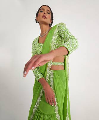 Flora Parrot Green Tiered Saree 3