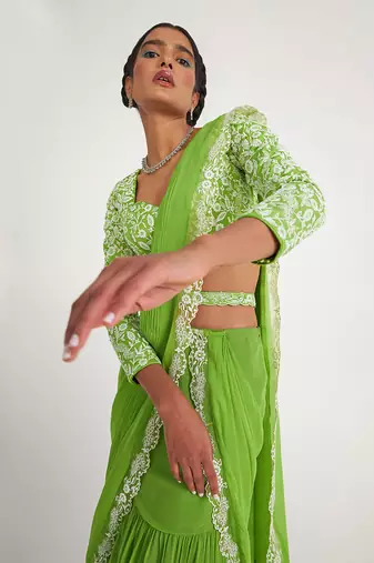 Flora Parrot Green Tiered Saree