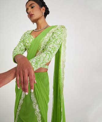 Flora Parrot Green Tiered Saree 4