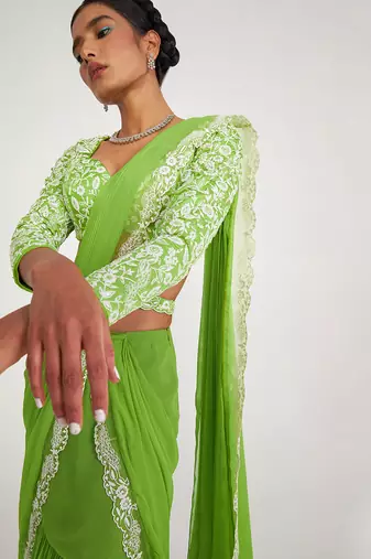 Flora Parrot Green Tiered Saree