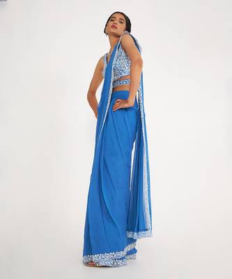 Della Blue Pre Drape Saree With Embroidered 1