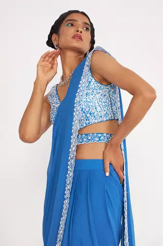 Della Blue Pre Drape Saree With Embroidered