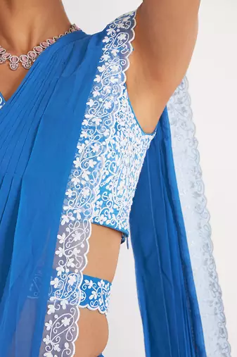 Della Blue Pre Drape Saree With Embroidered
