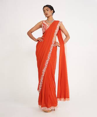 Zoe Orange Pre Drape Saree With Embroidered 1