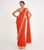 Zoe Orange Pre Drape Saree With Embroidered