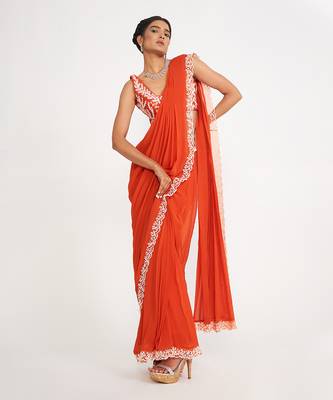 Zoe Orange Pre Drape Saree With Embroidered 2