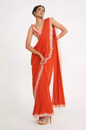 Zoe Orange Pre Drape Saree With Embroidered