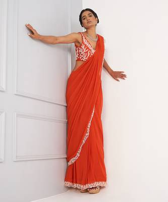 Zoe Orange Pre Drape Saree With Embroidered 3