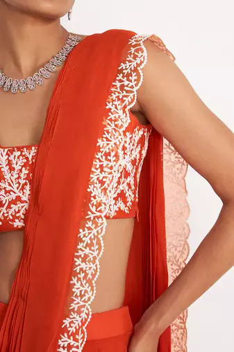 Zoe Orange Pre Drape Saree With Embroidered