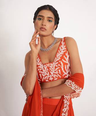 Zoe Orange Pre Drape Saree With Embroidered 5