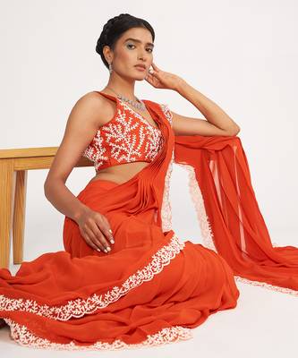 Zoe Orange Pre Drape Saree With Embroidered 6