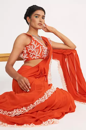 Zoe Orange Pre Drape Saree With Embroidered