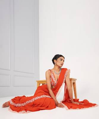 Zoe Orange Pre Drape Saree With Embroidered 7