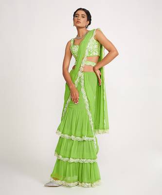 Lucy Parrot Green Tiered Saree 1
