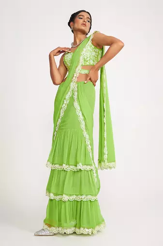 Lucy Parrot Green Tiered Saree