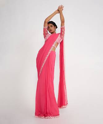 Cady Candy Pink Pre Drape Saree With Embroidered 2