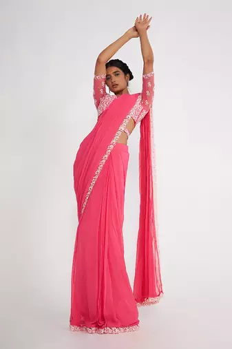 Cady Candy Pink Pre Drape Saree With Embroidered