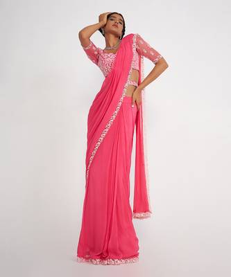 Cady Candy Pink Pre Drape Saree With Embroidered 1