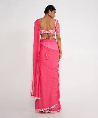 Cady Candy Pink Pre Drape Saree With Embroidered 3