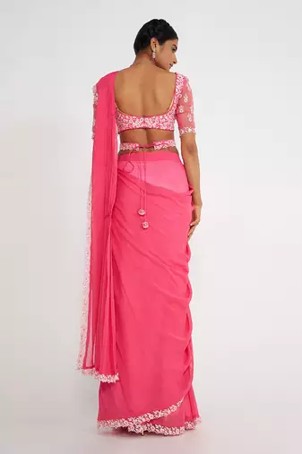 Cady Candy Pink Pre Drape Saree With Embroidered