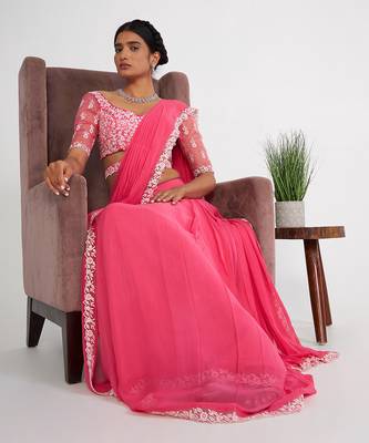 Cady Candy Pink Pre Drape Saree With Embroidered 4