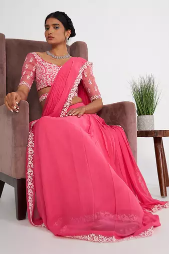 Cady Candy Pink Pre Drape Saree With Embroidered