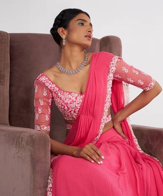 Cady Candy Pink Pre Drape Saree With Embroidered 5