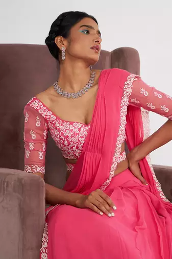 Cady Candy Pink Pre Drape Saree With Embroidered