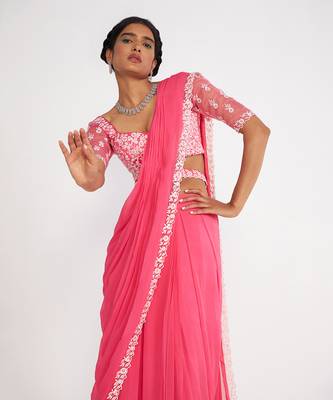 Cady Candy Pink Pre Drape Saree With Embroidered 6