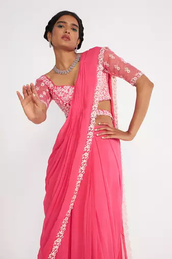Cady Candy Pink Pre Drape Saree With Embroidered