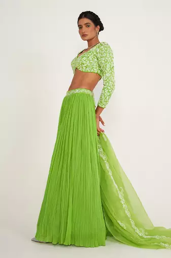 Daisy Parrot Green Lehenga Set With Embroidered