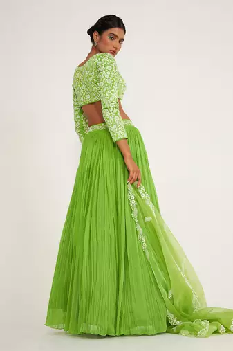 Daisy Parrot Green Lehenga Set With Embroidered