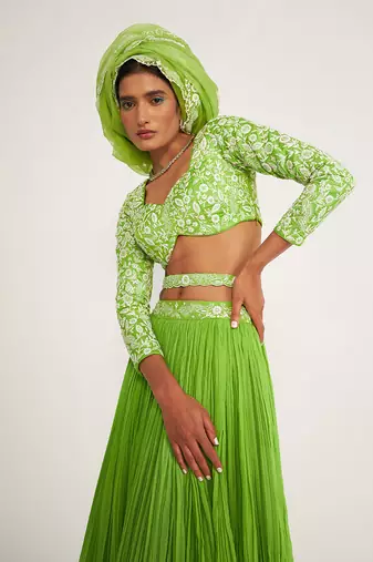 Daisy Parrot Green Lehenga Set With Embroidered