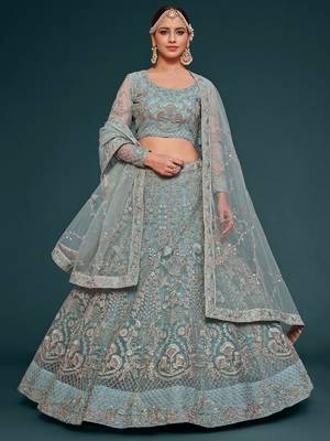 sea blue embroidered net lehenga set choli with dupatta 1