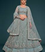 Glamorous Sea Blue Embroidered Net Wedding Wear Lehenga Choli  