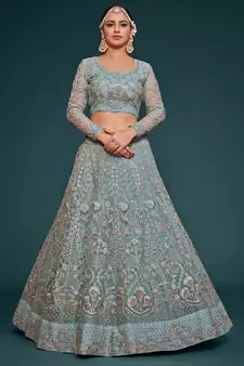 sea blue embroidered net lehenga set choli with dupatta