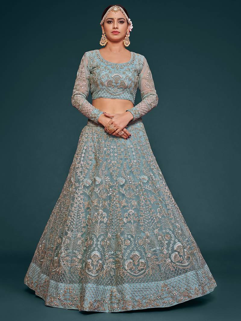 Glamorous Sea Blue Embroidered Net Wedding Wear Lehenga Choli  