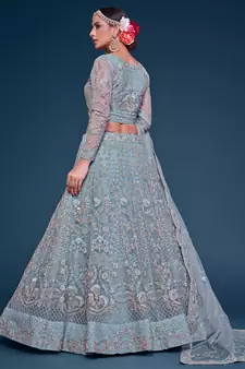 sea blue embroidered net lehenga set choli with dupatta