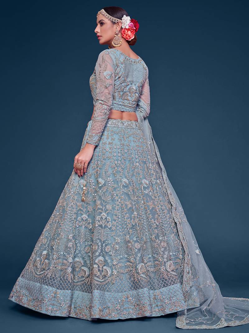 Glamorous Sea Blue Embroidered Net Wedding Wear Lehenga Choli  