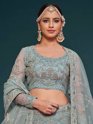 sea blue embroidered net lehenga set choli with dupatta 5