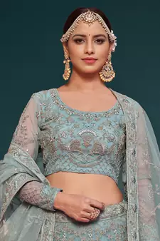 sea blue embroidered net lehenga set choli with dupatta