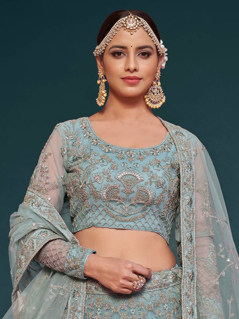 Glamorous Sea Blue Embroidered Net Wedding Wear Lehenga Choli  