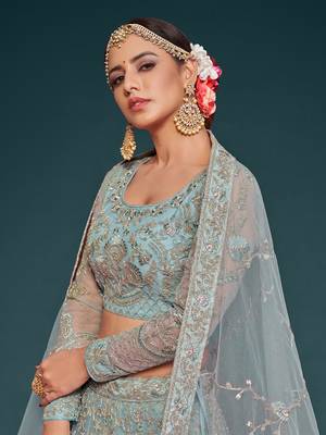 sea blue embroidered net lehenga set choli with dupatta 6