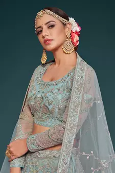 sea blue embroidered net lehenga set choli with dupatta