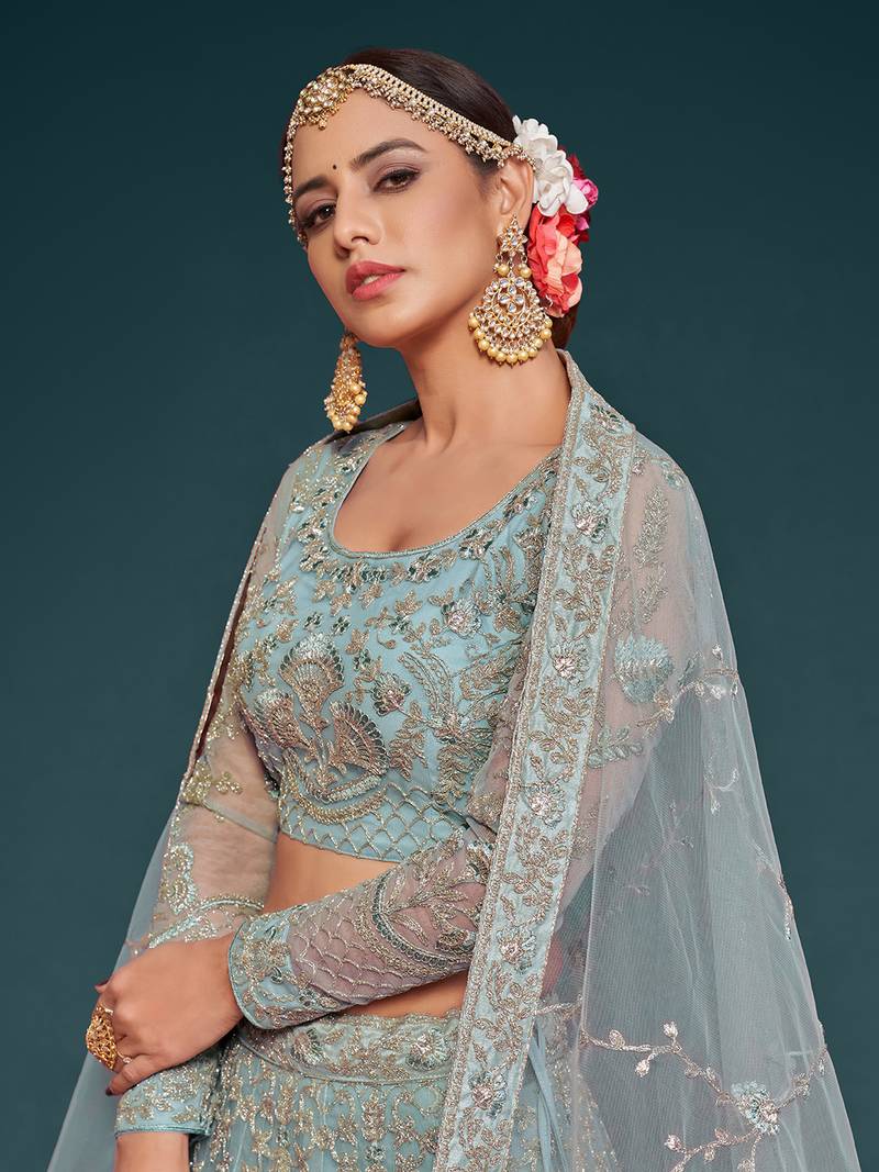 Glamorous Sea Blue Embroidered Net Wedding Wear Lehenga Choli  