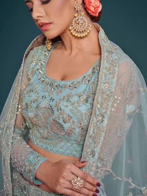 sea blue embroidered net lehenga set choli with dupatta 7